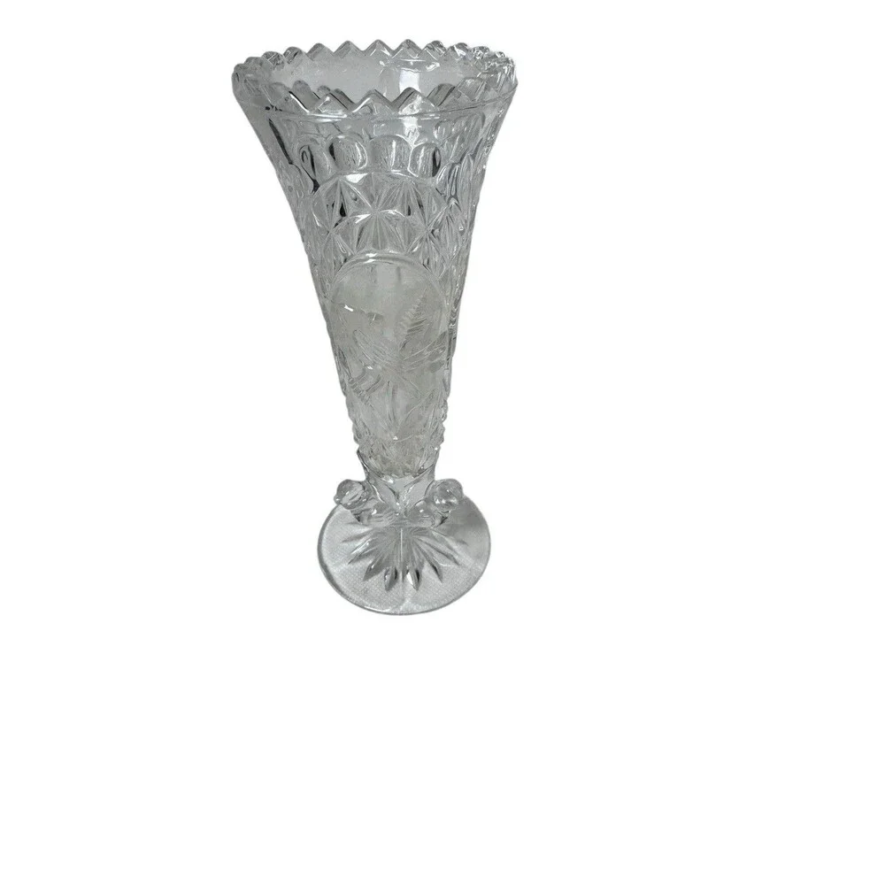 Hofbauer Byrdes Cut Crystal 7” Tall Vase with Sawtooth Edge Birds Fast Shipping